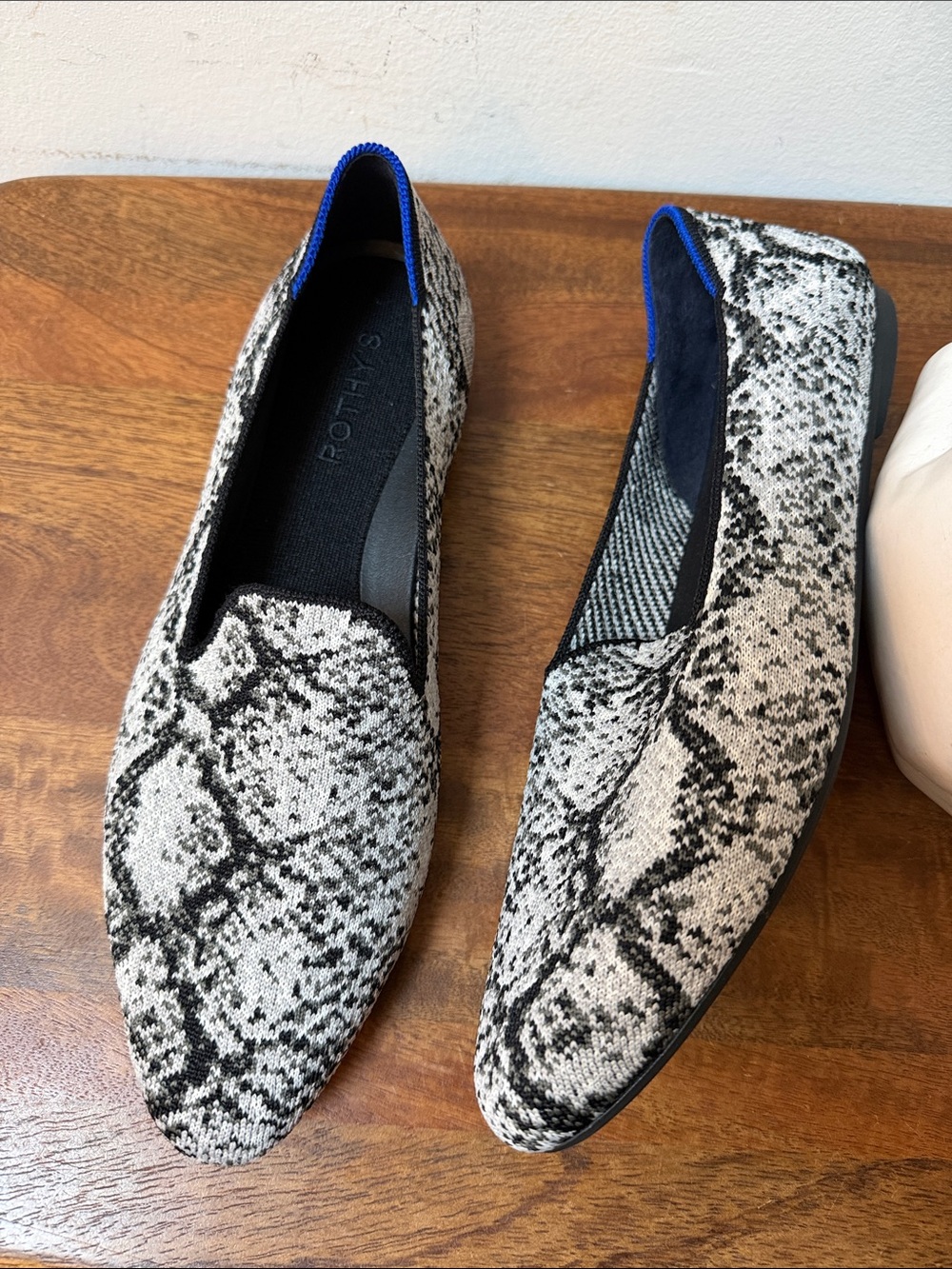 Rothy's The Almond Phython Loafer Black White Snake-Print Slip-On Shoes Like New